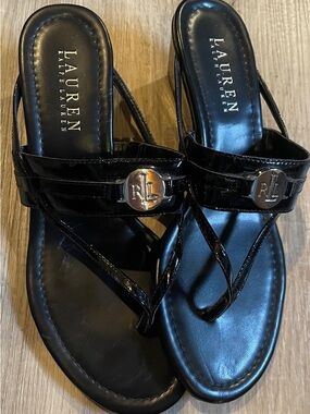 Lauren Ralph Lauren Black Patent Thong Sandals with RL Medallion